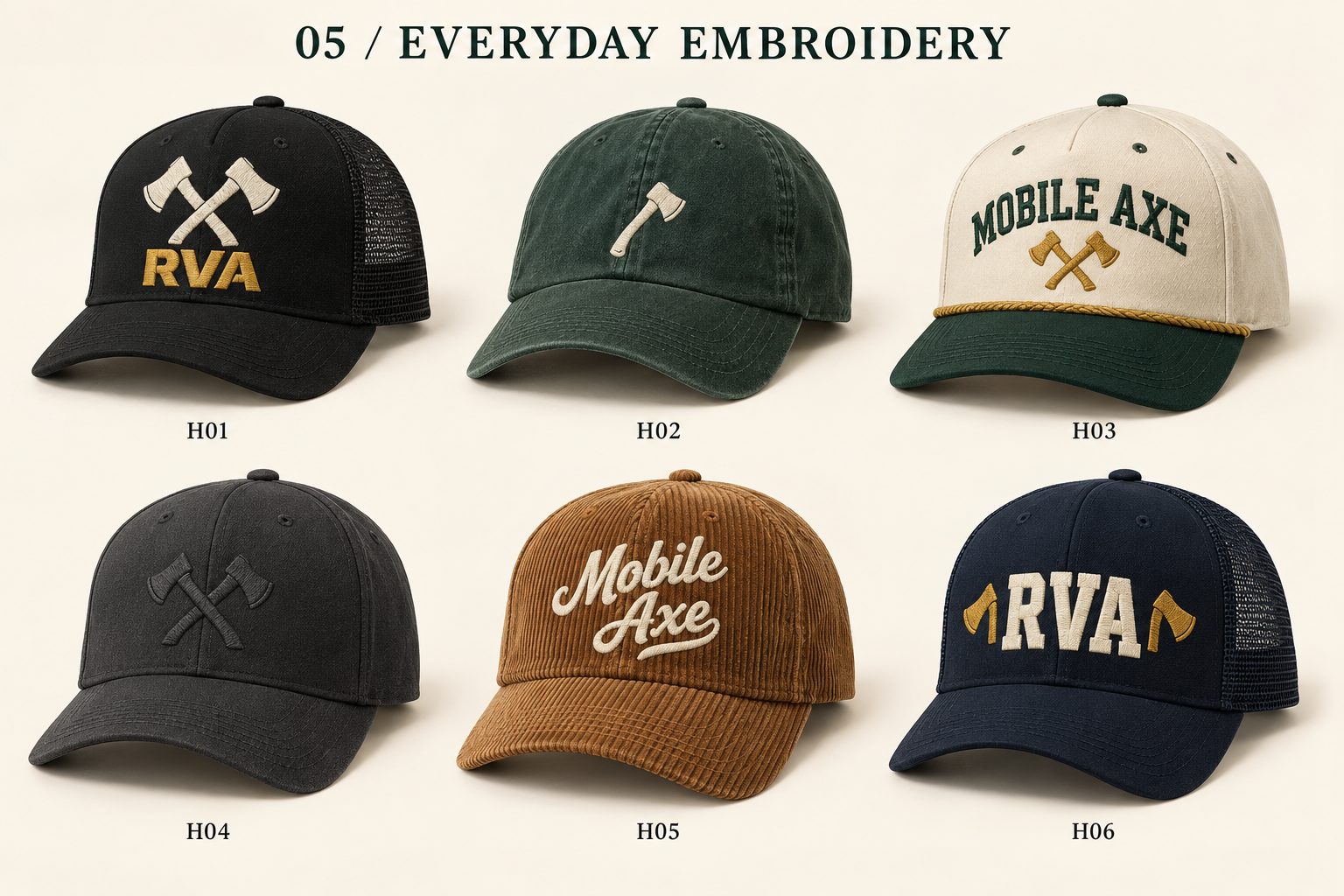 Proposed caramel corduroy Mobile Axe script cap