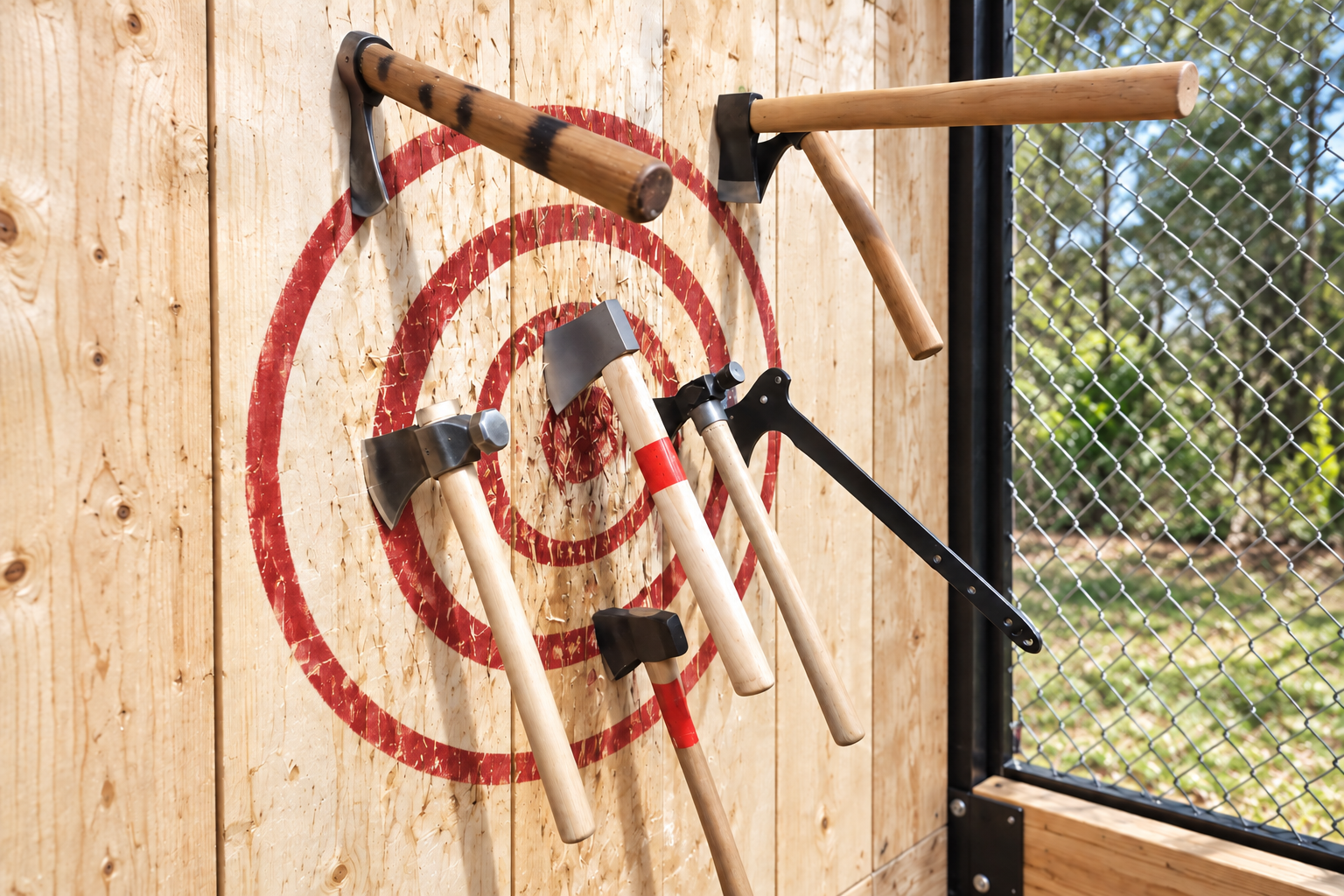 Original assortment of axes in the mobile range’s red wooden target beside the outdoor cage