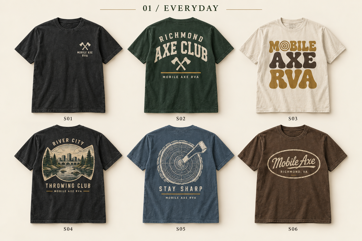 Proposed washed espresso T-shirt with a cream Mobile Axe oval script